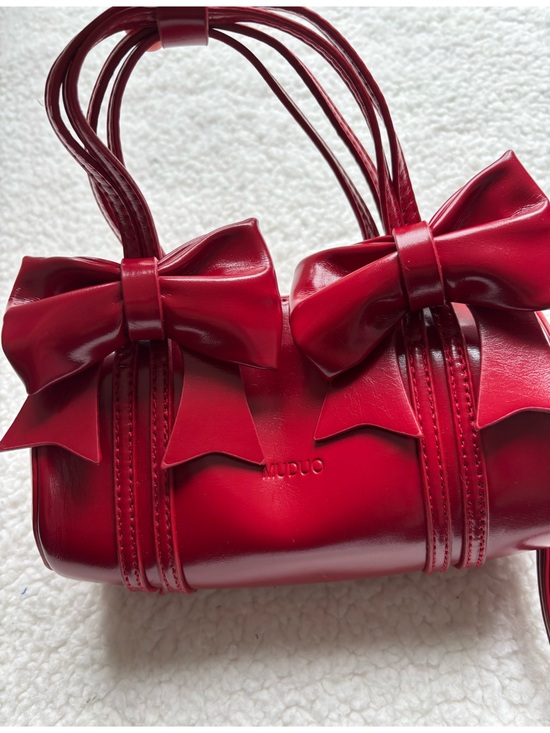 Muduo Handbags - Muduo Red Double Bow Accent Barrel Handbag Shoulder Bag